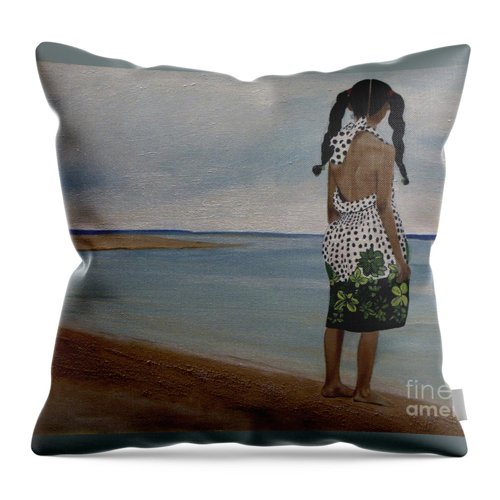 Little Girl on the Beach - Throw Pillow